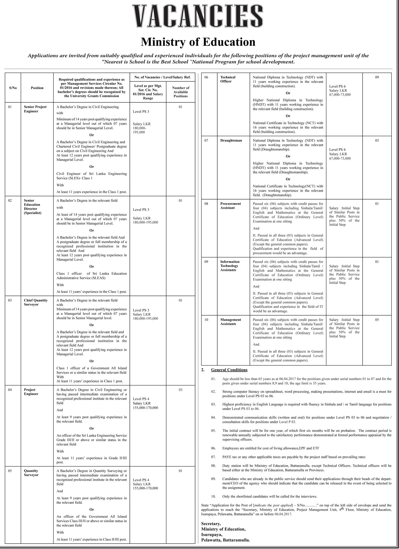 Management Assistant, Information Technology Assistant, Senior Project Engineer, Senior Education Director, Chief Quantity Surveyor, Project Engineer, Quantity Surveyor, Technical Officer, Draughtsman, Procurement Assistant - Ministry of Education